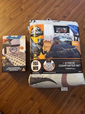BRAND NEW boy youth complete Jurassic world dinosaur sheet & comforter set twin